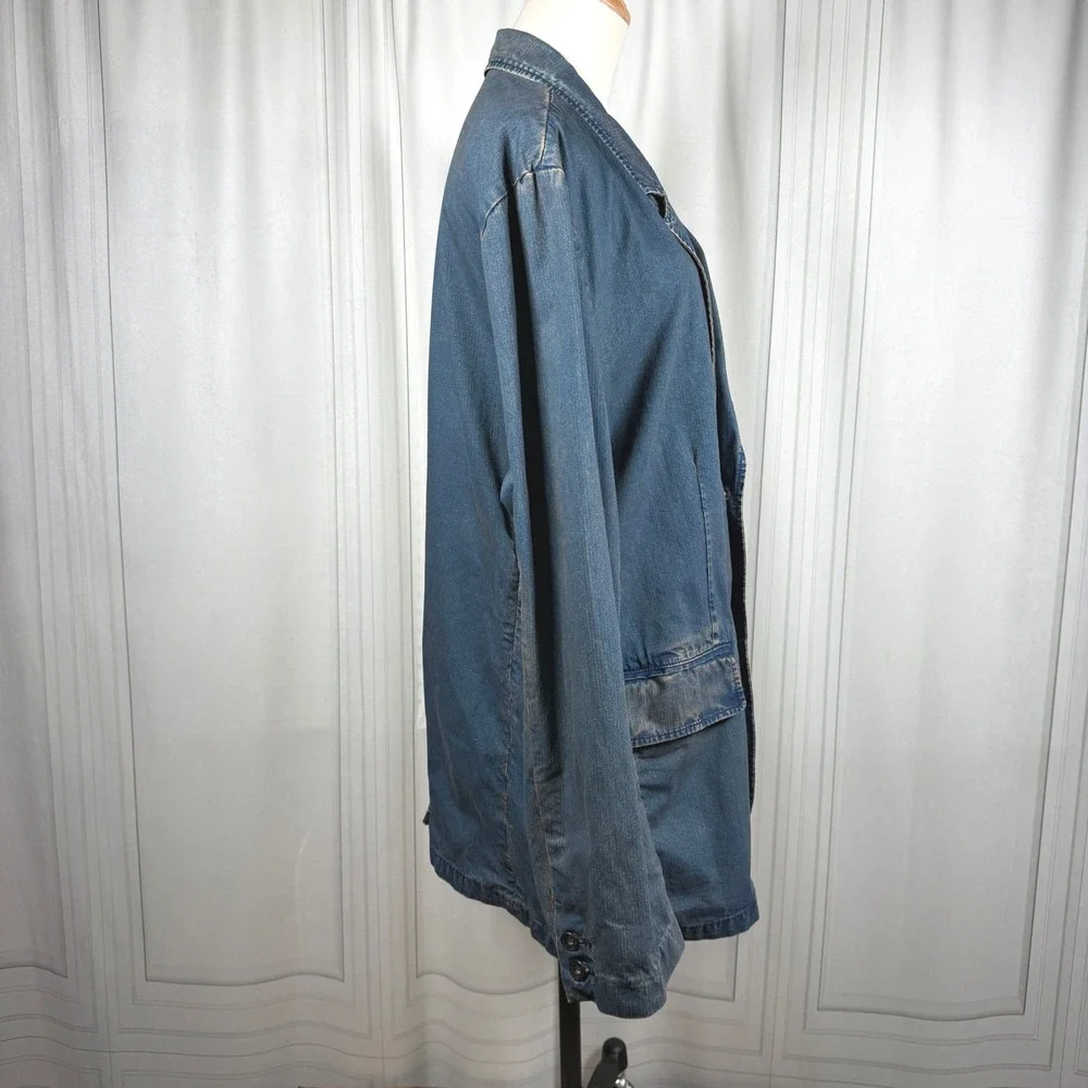 Vintage GAP Denim Blazer Jacket L Dirty Wash Y2K 2000s 100% Cotton Flap Pockets